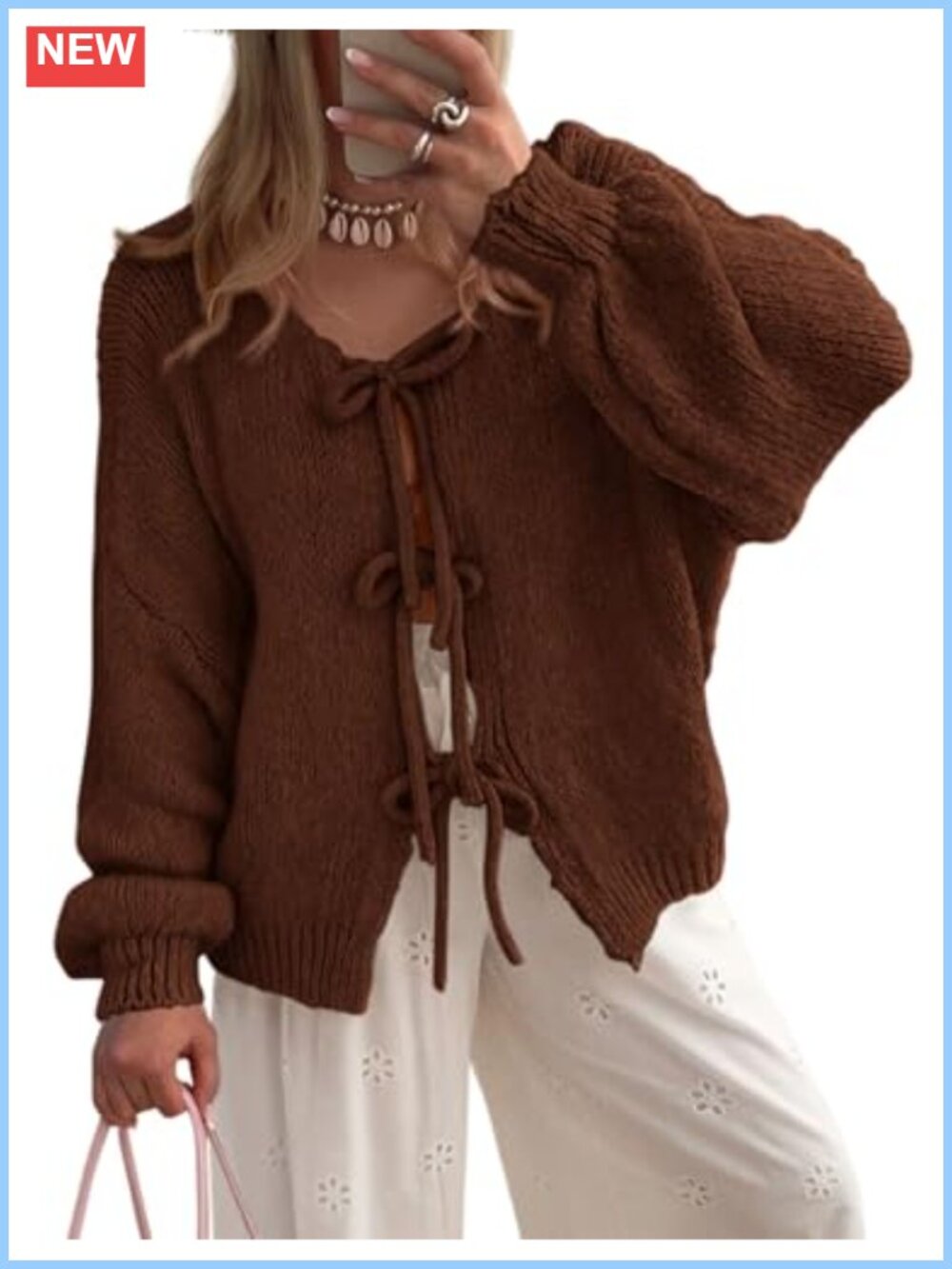 Tie Front Bow Cardigan Sweater Cable Knit Puff Sleeve Long Sleeve